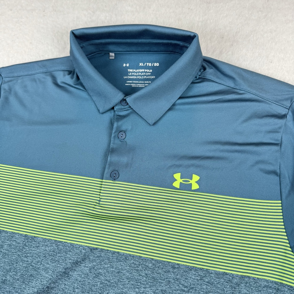 Under Armour Polo Shirt Mens Size XL Blue Striped Playoff Golf Stretch Loose
